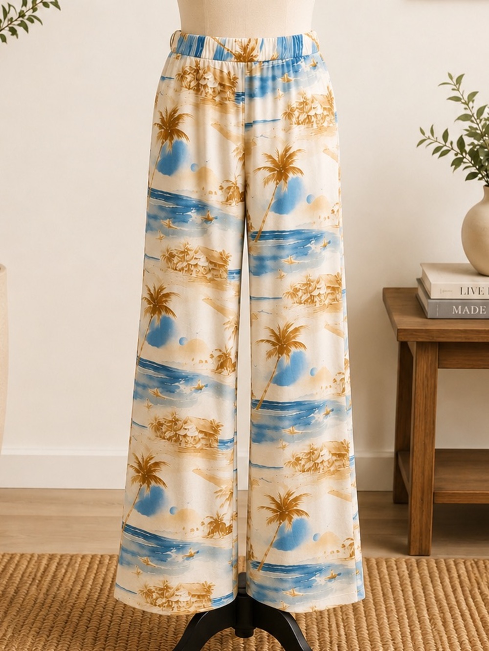 Panama Jack Pants Womens XL Ivory Blue Tropical Beach Print Wide-Leg Pull-On